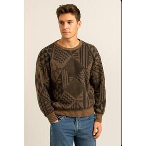 Mens Barnaby Acrylic Leather Grandpa Vintage Sweater Brown Black Large